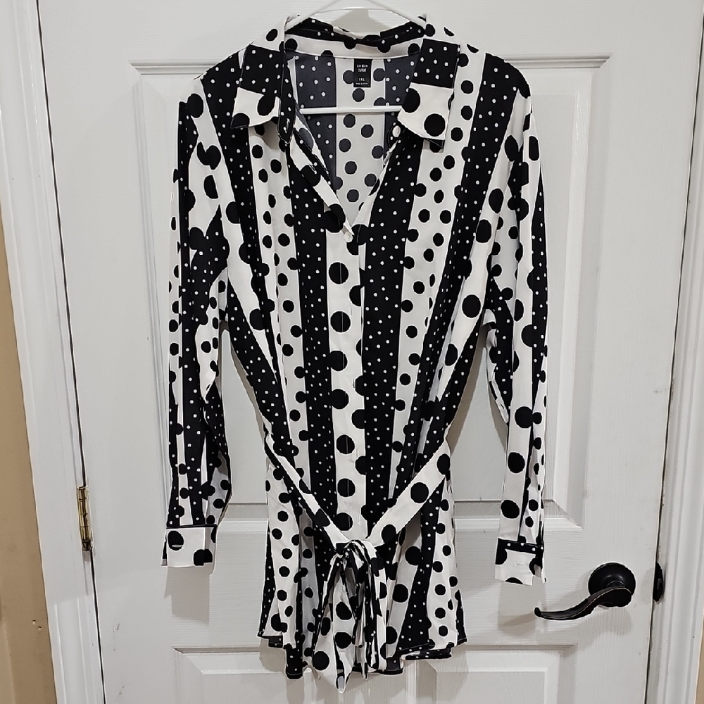 Polka Dot Belted Blouse - Black And White